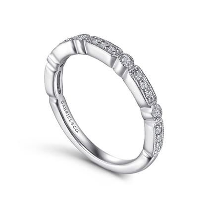 Latvia - 14K White Gold Diamond Station Stackable Anniversary Band with Milgrain
