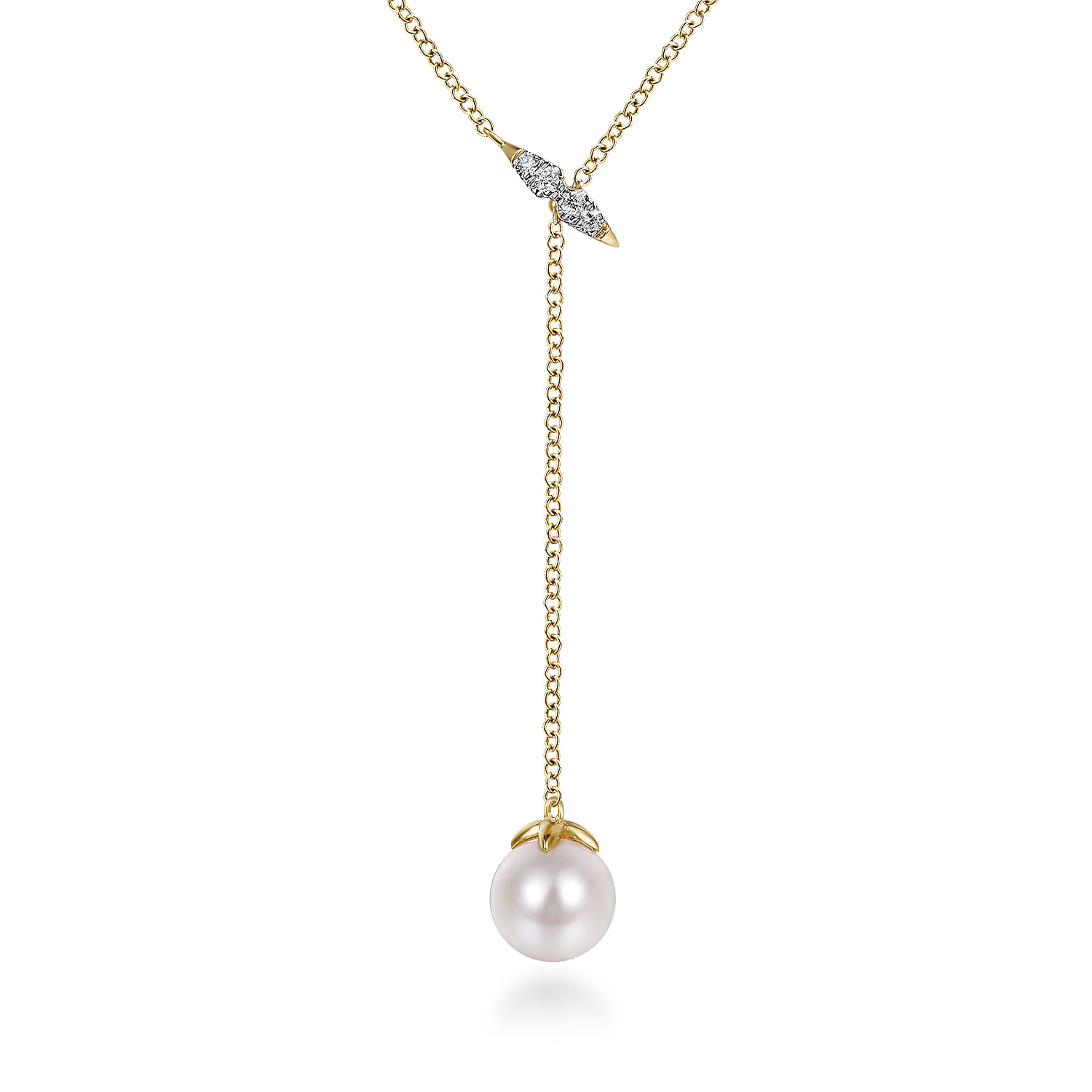 Layered Y Necklace 14K Yellow Gold Diamond and Pearl 0.04ct