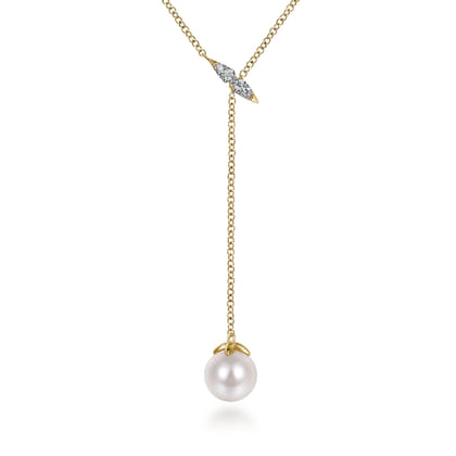 Layered Y Necklace 14K Yellow Gold Diamond and Pearl 0.04ct