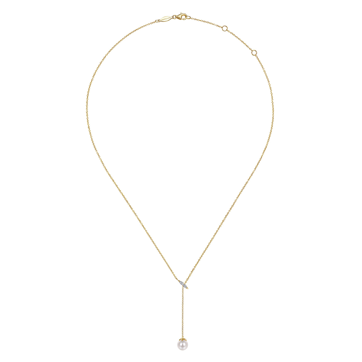 Layered Y Necklace 14K Yellow Gold Diamond and Pearl 0.04ct