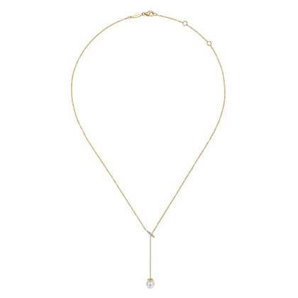 Layered Y Necklace 14K Yellow Gold Diamond and Pearl 0.04ct