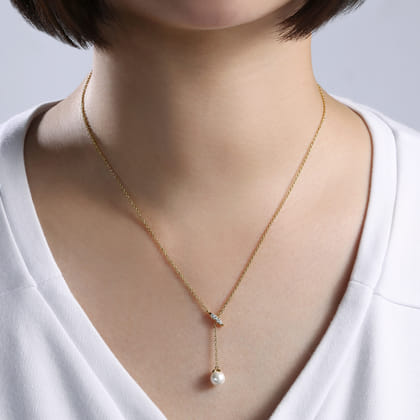 Layered Y Necklace 14K Yellow Gold Diamond and Pearl 0.04ct