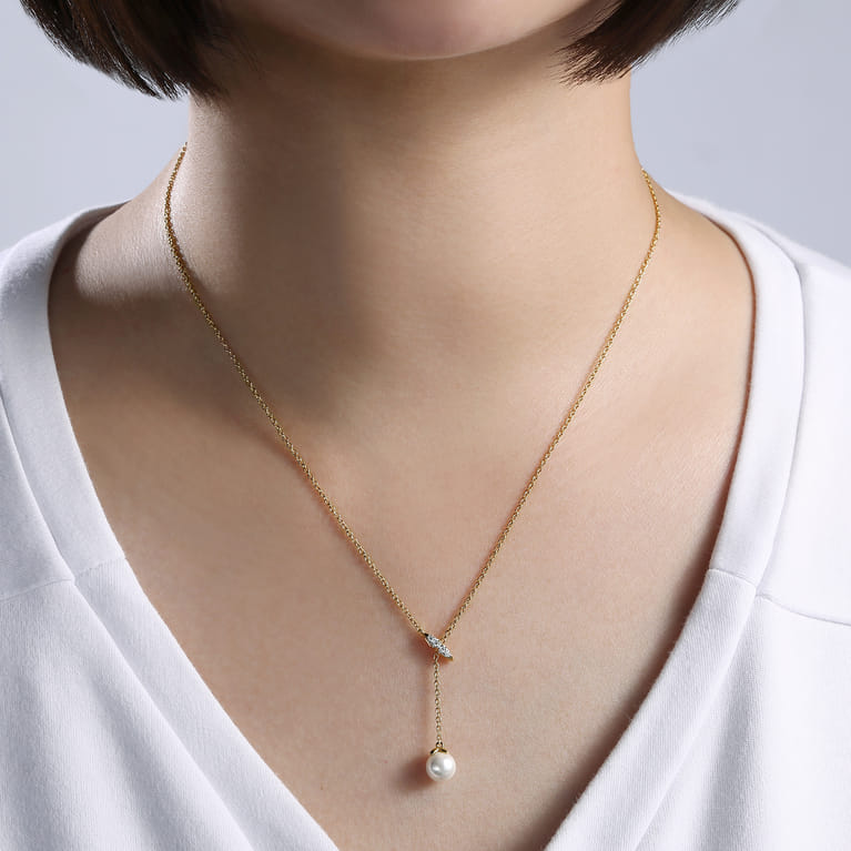 Layered Y Necklace 14K Yellow Gold Diamond and Pearl 0.04ct - 0.04 ct - Shot 3