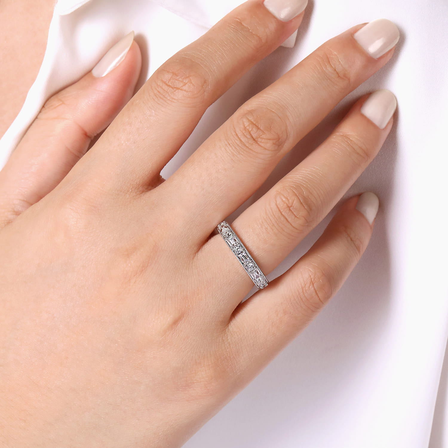 Lazia - 14K White Gold Baguette and Round Diamond Anniversary Band