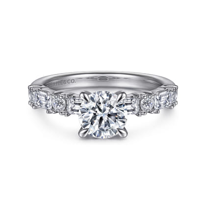 Leanna - 14K White Gold Baguette and Round Diamond Engagement Ring