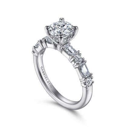 Leanna - 14K White Gold Baguette and Round Diamond Engagement Ring