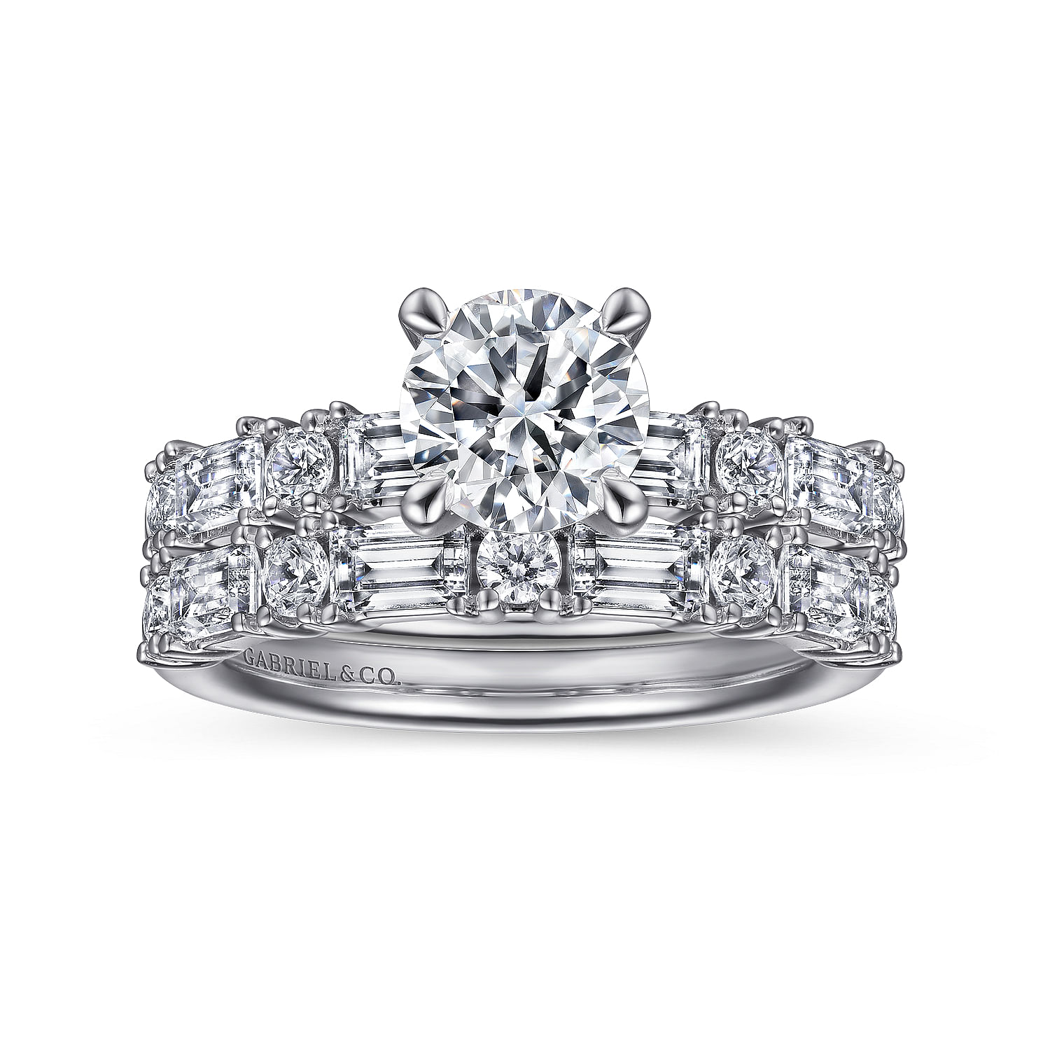 Leanna - 14K White Gold Baguette and Round Diamond Engagement Ring