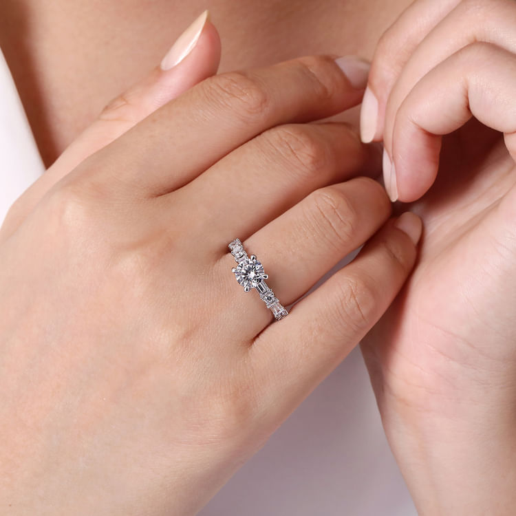 Leanna - 14K White Gold Baguette and Round Diamond Engagement Ring