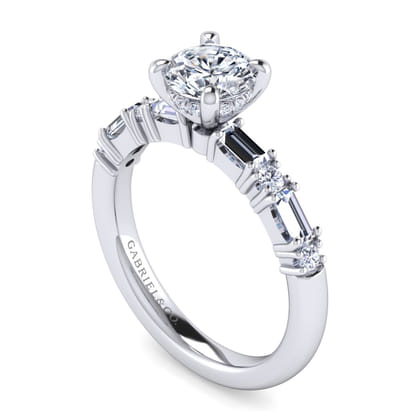 Leanna - 14K White Gold Baguette and Round Diamond Engagement Ring