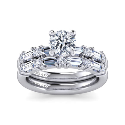Leanna - 14K White Gold Baguette and Round Diamond Engagement Ring