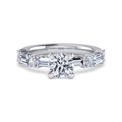 Leanna - 14K White Gold Baguette and Round Diamond Engagement Ring