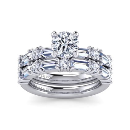 Leanna - 14K White Gold Baguette and Round Diamond Engagement Ring