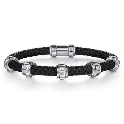 Leather Men's Bracelet Half Cubes 925 Sterling Silver