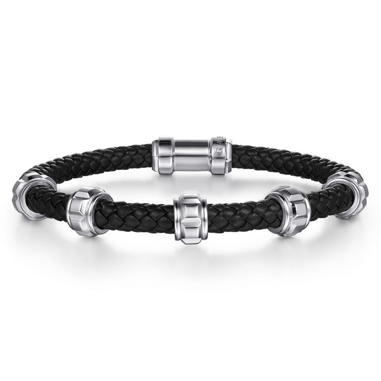 Leather Men's Bracelet Half Cubes 925 Sterling Silver - Shot 1