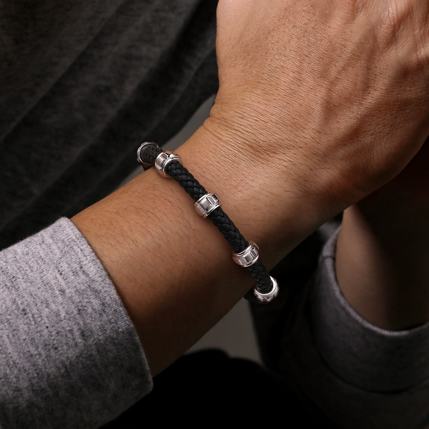 Leather Men's Bracelet Half Cubes 925 Sterling Silver - Shot 3