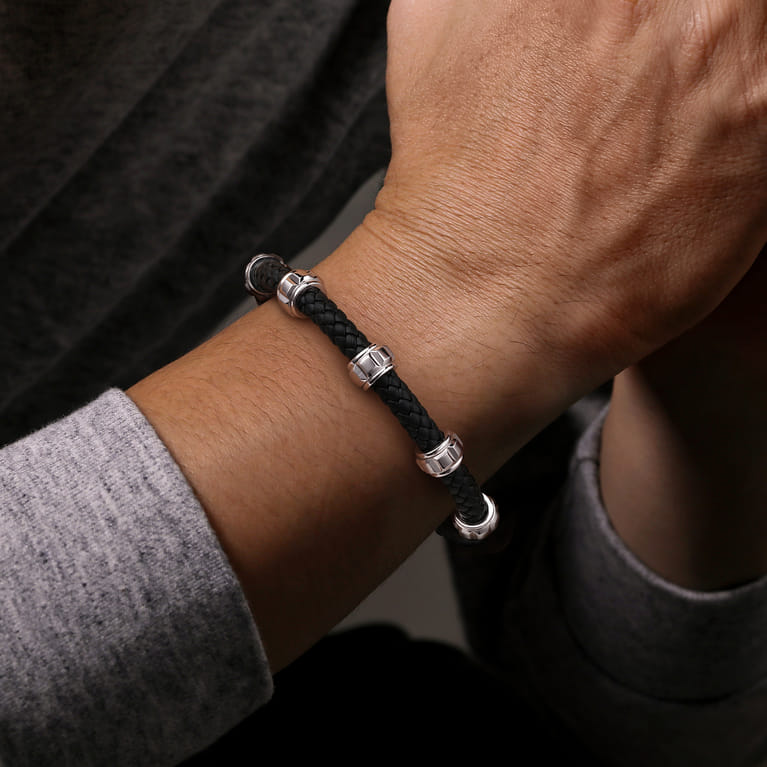 Leather Men's Bracelet Half Cubes 925 Sterling Silver - Shot 3