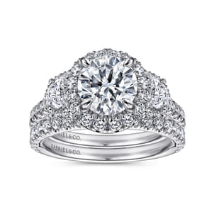 Leda - 14K White Gold Round Three Stone Halo Diamond Channel Set Engagement Ring