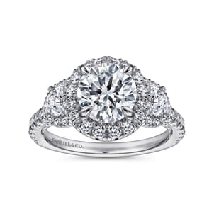 Leda - 14K White Gold Round Three Stone Halo Diamond Channel Set Engagement Ring