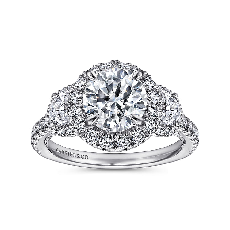 Leda - 14K White Gold Round Three Stone Halo Diamond Channel Set Engagement Ring