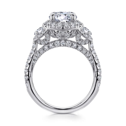 Leda - 14K White Gold Round Three Stone Halo Diamond Engagement Ring