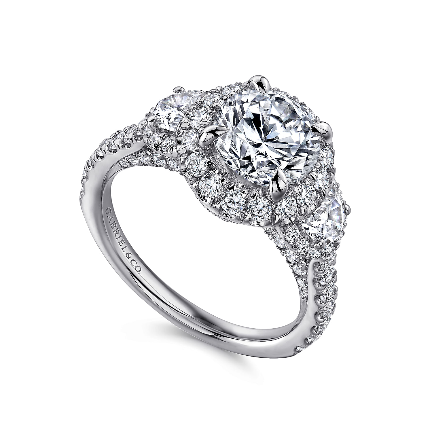 Leda - 14K White Gold Round Three Stone Halo Diamond Engagement Ring