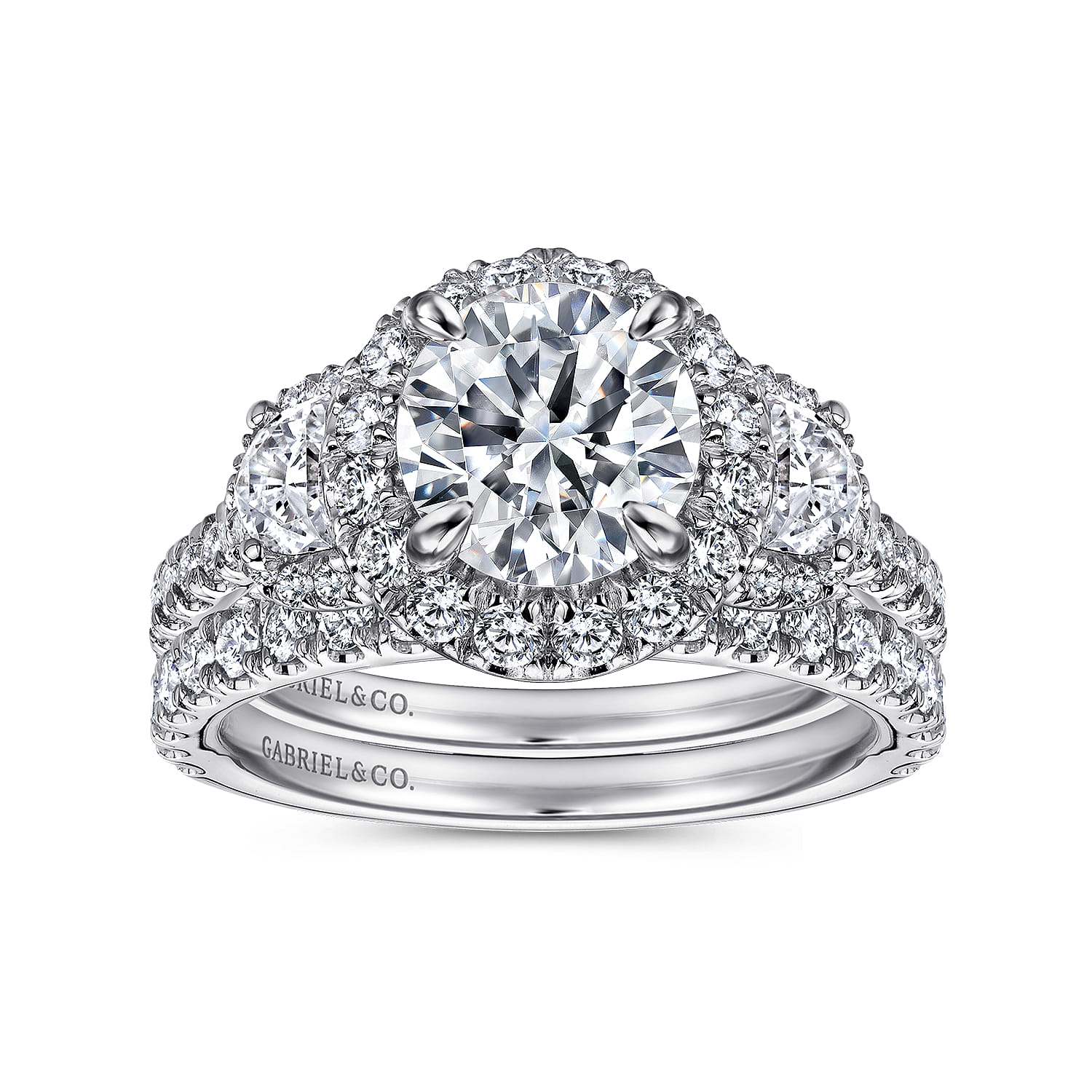 Leda - 14K White Gold Round Three Stone Halo Diamond Engagement Ring