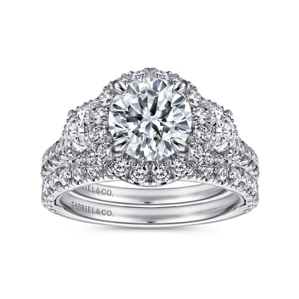 Leda - 14K White Gold Round Three Stone Halo Diamond Engagement Ring