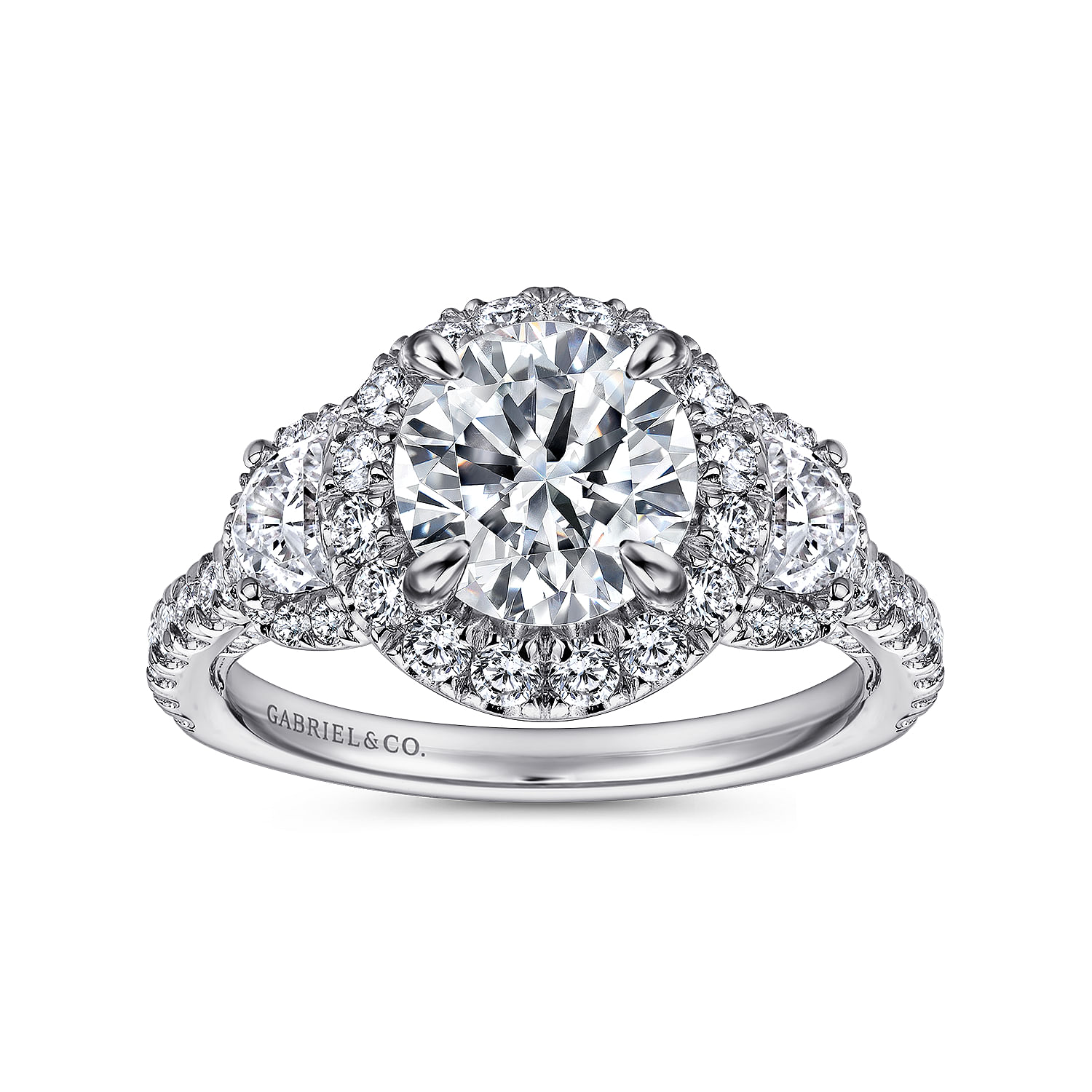 Leda - 14K White Gold Round Three Stone Halo Diamond Engagement Ring