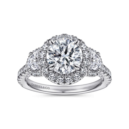 Leda - 14K White Gold Round Three Stone Halo Diamond Engagement Ring