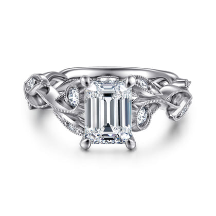 Lena - 14K White Gold Floral Emerald Cut Diamond Engagement Ring