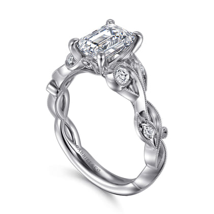 Lena - 14K White Gold Floral Emerald Cut Diamond Engagement Ring