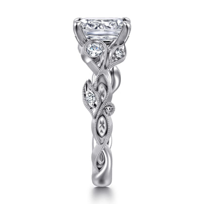 Lena - 14K White Gold Floral Emerald Cut Diamond Engagement Ring