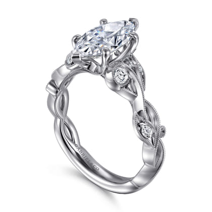 Lena - 14K White Gold Floral Marquise Shape Diamond Engagement Ring