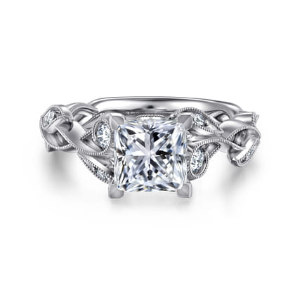 Lena - 14K White Gold Floral Princess Cut Diamond Engagement Ring