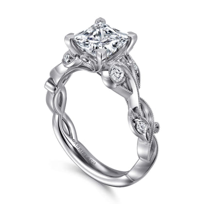 Lena - 14K White Gold Floral Princess Cut Diamond Engagement Ring
