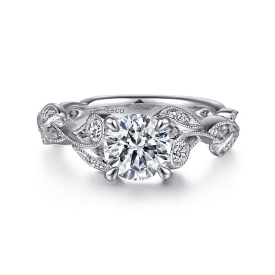 Lena - 14K White Gold Floral Round Diamond Engagement Ring