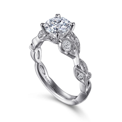 Lena - 14K White Gold Floral Round Diamond Engagement Ring