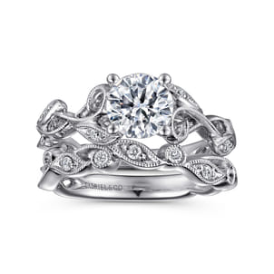 Lena - 14K White Gold Floral Round Diamond Engagement Ring