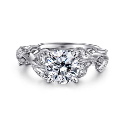 Lena - 14K White Gold Floral Round Diamond Engagement Ring