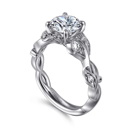 Lena - 14K White Gold Floral Round Diamond Engagement Ring