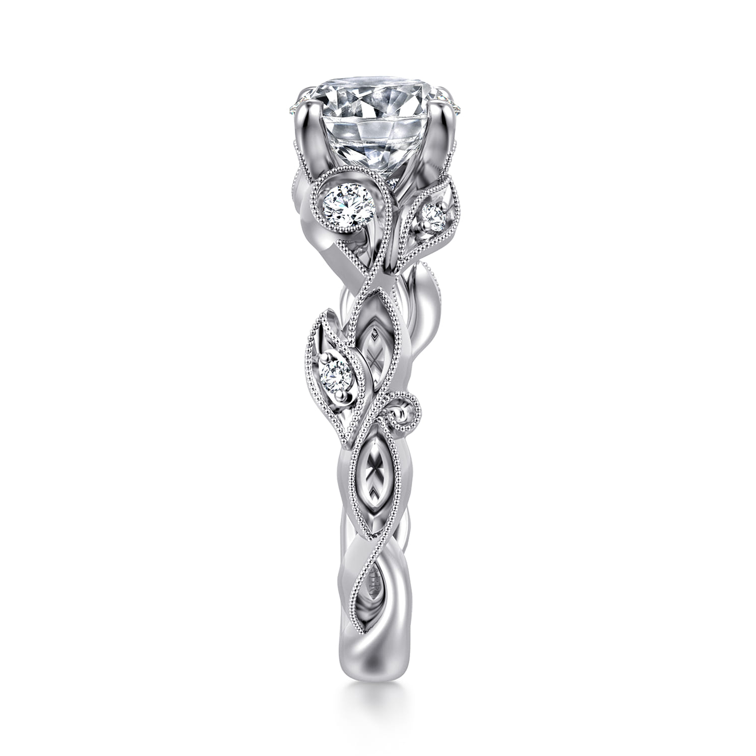 Lena - 14K White Gold Floral Round Diamond Engagement Ring