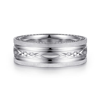 Leo - 14K White Gold 8mm - Carved Men's Wedding Band in Satin Finish