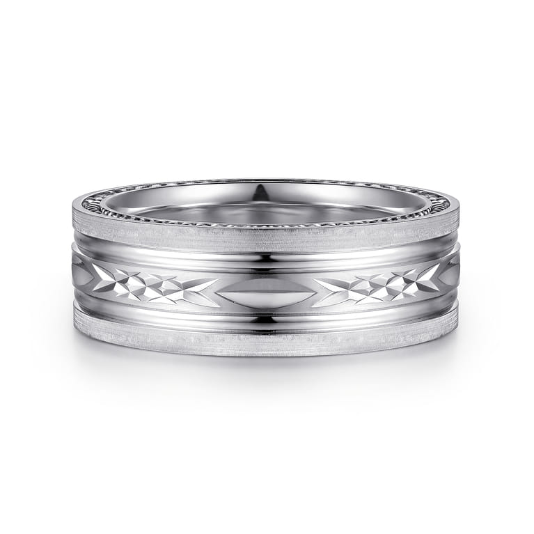 Leo - 14K White Gold 8mm - Carved Men's Wedding Band in Satin Finish - Shot 1