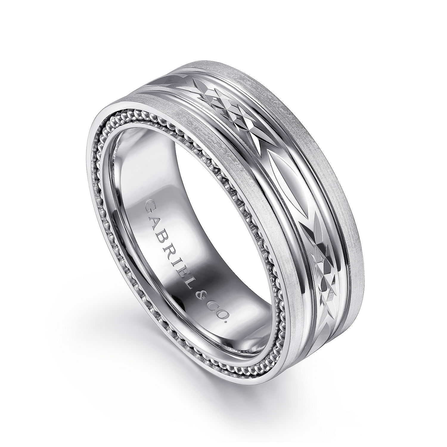 Leo - 14K White Gold 8mm - Carved Men's Wedding Band in Satin Finish