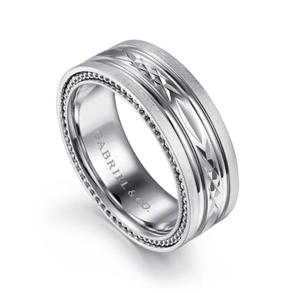 Leo - 14K White Gold 8mm - Carved Men's Wedding Band in Satin Finish