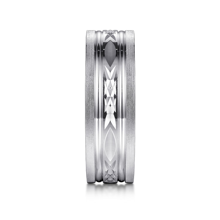Leo - 14K White Gold 8mm - Carved Men's Wedding Band in Satin Finish