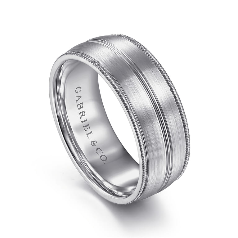Leonardo - 14K White Gold 8mm - Men's Wedding Band in Satin Finish - Shot 3