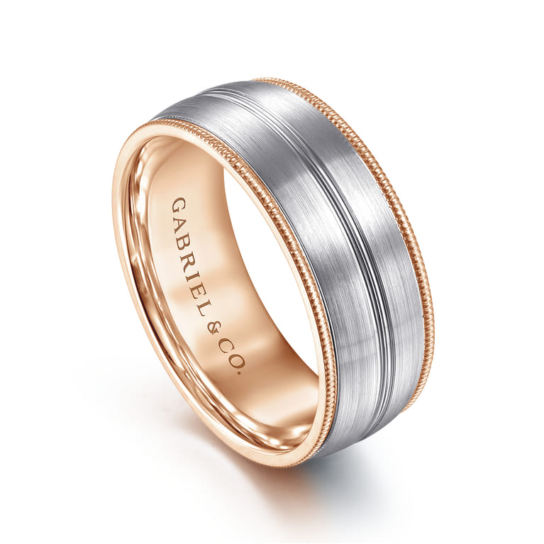 Leonardo - 14K White-Rose Gold 8mm - Men's Wedding Band in Satin Finish - Shot 3