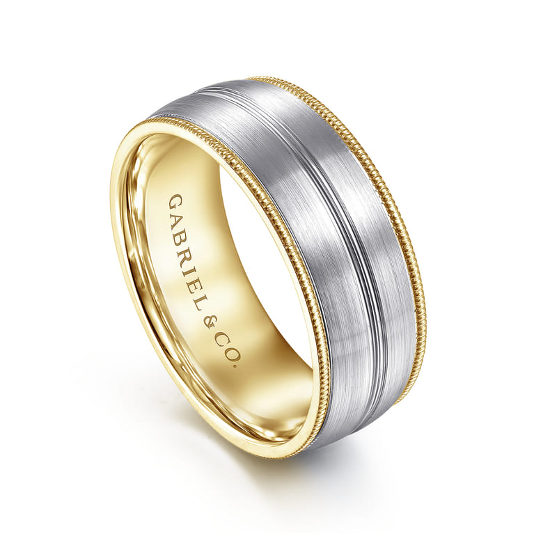 Leonardo - 14K White-Yellow Gold 8mm - Men's Wedding Band in Satin Finish - Shot 3