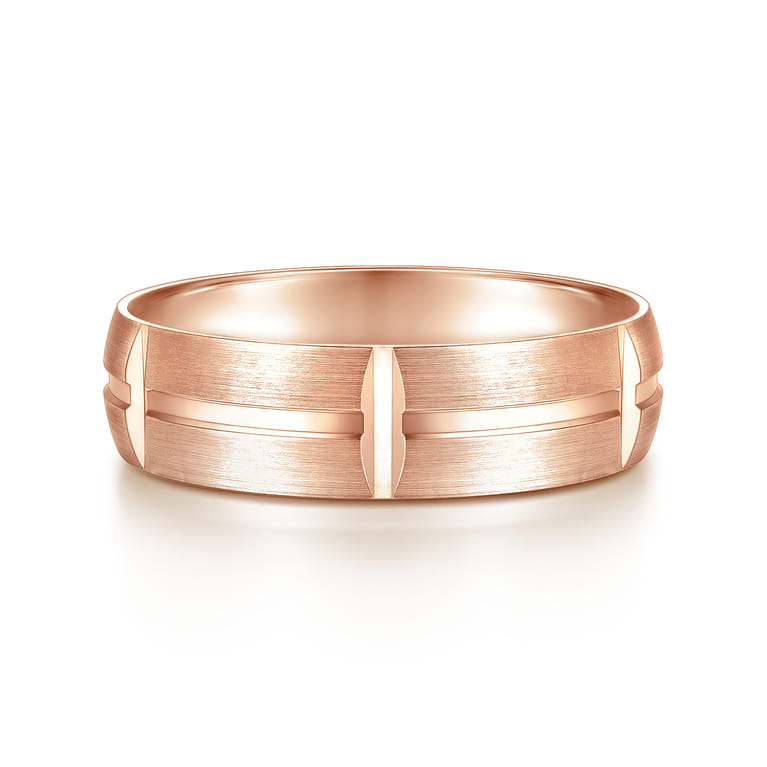 Levi - 14K Rose Gold 6mm - Carved Station Men's Wedding Band in Satin Finish - Shot 1